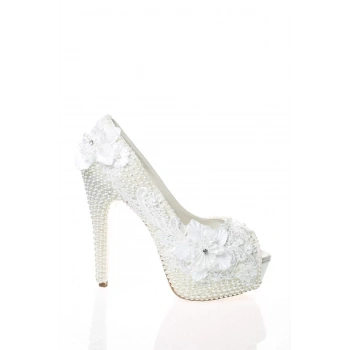 Kadın Moda Şık Sedef İnci Taş İşlemeli Gelin Ayakkabı Topuklu Düğün Nişan Gece Abiye Ayakkabı