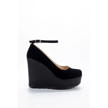 Kadın Moda Şık Siyah Süet Dolgu Topuklu Ayakkabı Topuklu Düğün Nişan Gece Abiye Ayakkabı