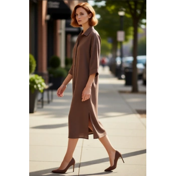 Kadın Modal Gömlek Yaka Düz Desen Truvakar Kol Düğmeli Astarsız Midi Boy Elbise İlkbahar