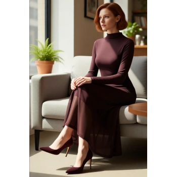 Kadın Modern A Kesim Uzun Kollu Dik Yaka Astarlı Kalın Sandy Dokuma Kışlık Midi Elbise Kaliteli