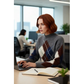 Kadın Modern Baklava Desenli Oversize Triko Kazak Dik Yaka Detaylı Soğuk Havalar İçin İdeal