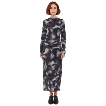 Kadın Modern Batik Desenli Dik Yaka Uzun Kollu Midi Elbise Şık Ve Rahat Örme Tasarım Kaliteli