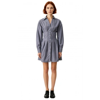 Kadın Modern Düşük Kol Uzun Kollu Çizgili Dokuma Mini Gömlek Elbise Rahat Yaka Stili