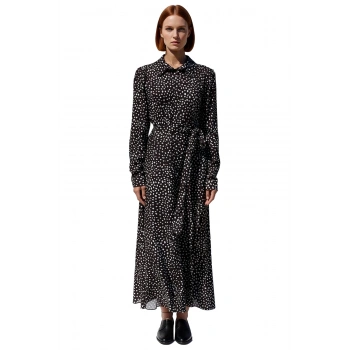 Kadın Modern Feminine Puantiyeli Gömlek Yaka Uzun Kol Maxi Boy Viskoz Günlük Elbise Kaliteli