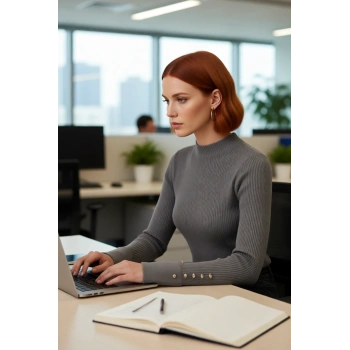 Kadın Modern Fitted Kalıp Dik Yaka Uzun Kollu Fitilli Triko Kazak Şık ve Rahat Kombinler Kaliteli