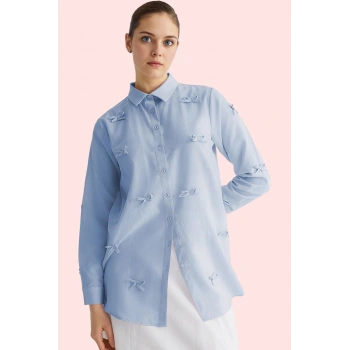 Kadın Modern Fiyonk Detaylı Terrycotton Dokuma Gömlek Günlük Kullanım İçin Kaliteli Malzeme