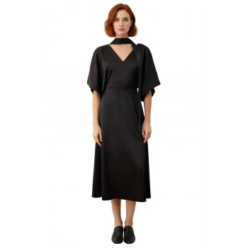 Kadın Modern Fular Detaylı Midi Elbise Yarasa Kol V Yaka Saten Dokuma Kumaş Şık Davetler İçin