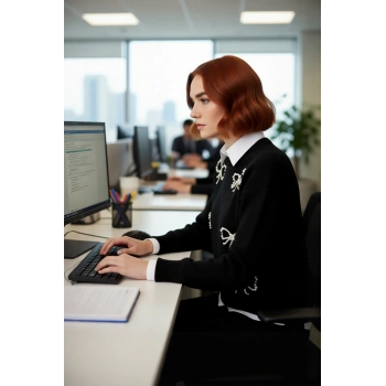 Kadın Modern İncili Fiyonk İşlemeli Triko Kazak Regular Kalıp Bisiklet Yaka Günlük Şık Giyim