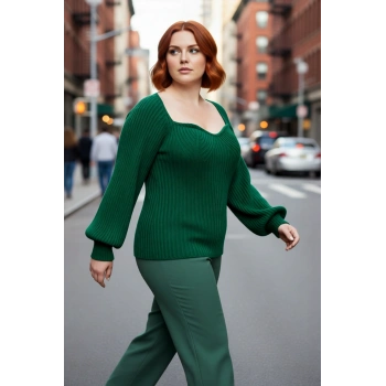 Kadın Modern Kalp Yaka Triko Kazak Fitted Kalıp Uzun Reglan Kol Fitilli Örme Şıklığı Kışa Özel