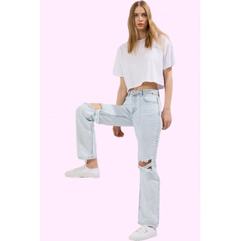 Kadın Modern Kesim Yırtık Detaylı Denim Geniş Paça Jean Pantolon; Rahat Günlük Stil Hafta Sonu