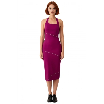 Kadın Modern Kokteyl Abiye Elbise Kalın Askılı Kare Yaka Taşlı Midi Boy Vücudu Saran Dokuma