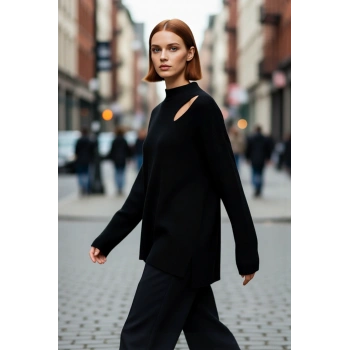 Kadın Modern Oversize Düşük Kol Siyah Akrilik Triko Kazak Cut Out Detaylı Günlük Şıklık Kaliteli