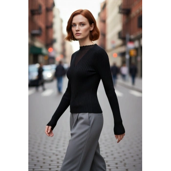 Kadın Modern Siyah Fitted Triko Kazak Transparan V Yaka Detaylı Şık Uzun Kollu Gündüz Gece