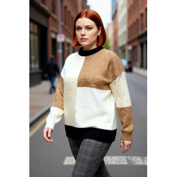 Kadın Modern Tarz Renk Blok Desenli Bisiklet Yaka Düşük Kol Triko Kazak Kış Sezonu Rahatlığı