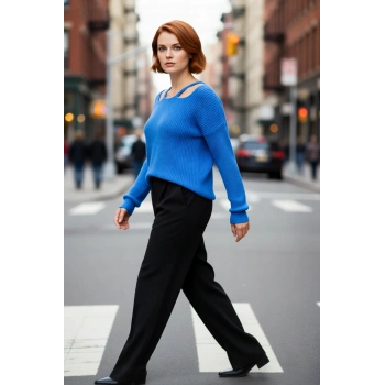 Kadın Modern Tasarım Kare Yaka Omuz Dekolteli Akrilik Triko Kazak Kışlık Günlük Kombinler İçin