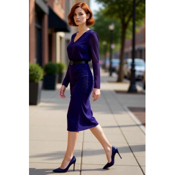 Kadın Mor Bodycon Midi Elbise V Yaka Uzun Standart Kol Düz Desen Şifon Dokuma Büzgü Detaylı