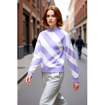 Kadın Mor Çizgili Relaxed Fit Triko Kazak Soğuk Kış Günleri İçin Bisiklet Yaka Şık Ve Konforlu