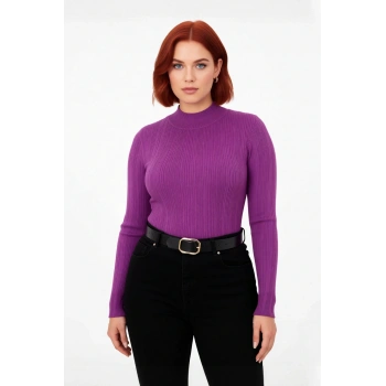 Kadın Mor Fitilli Dik Yaka Uzun Kol Triko Kazak Kış ve Sonbahar Şıklığınıza Zarif Dokunuş Katıyor.