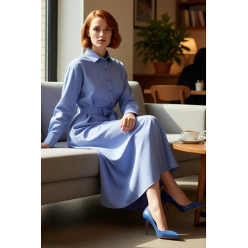 Kadın Mor Gömlek Yaka Pamuk Polyester Kuşaklı Düz Dokuma Elbise Günlük Maxi Boy Stil Kaliteli