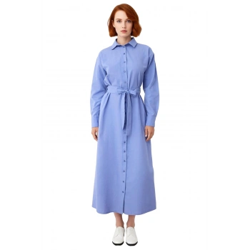 Kadın Mor Gömlek Yaka Pamuk Polyester Kuşaklı Düz Dokuma Elbise Günlük Maxi Boy Stil Kaliteli