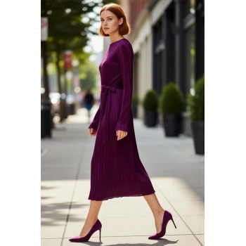 Kadın Mor Pilise Örme Kuşaklı Midi Elbise Kayık Yaka Uzun Kollu Şık Shift Kalıp Tasarım Seçeneği