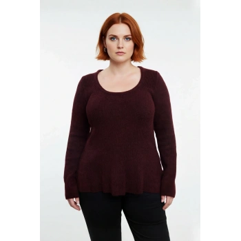 Kadın Mürdüm Akrilik Triko Kazak Fitted Havuz Yaka Balık Siluet Etek Ucu Volanlı Şık Kışlık