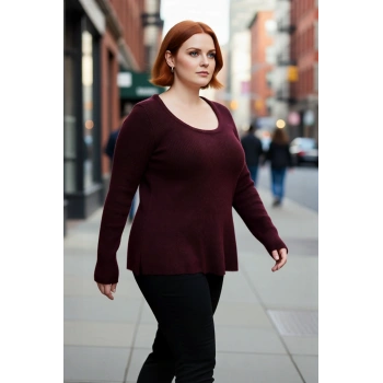 Kadın Mürdüm Casual Akrilik Triko Kazak Havuz Yaka Fitted Kesim Kışlık Günlük Şıklık Kaliteli