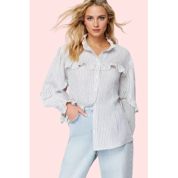 Kadın Müslin Dokuma Gömlek Çizgili Desen Uzun Kol Pamuklu Günlük Kullanım Kaliteli Malzeme
