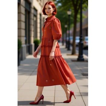 Kadın Nakış Detaylı Hakim Yaka Balon Kol Midi Boy Dokuma Elbise İlkbahar Sonbahar Şıklığı Kaliteli