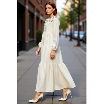 Kadın Nakış Detaylı Keten Görünümlü Dokuma Maxi Elbise Bebe Yaka Balon Kol Shift Kalıp Rahat Şıklık