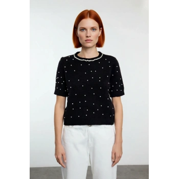 Kadın Nakışlı İşlemeli Bisiklet Yaka Kısa Kol Crop Triko Kazak İlkbahar Sonbahar Şıklığına Zarif