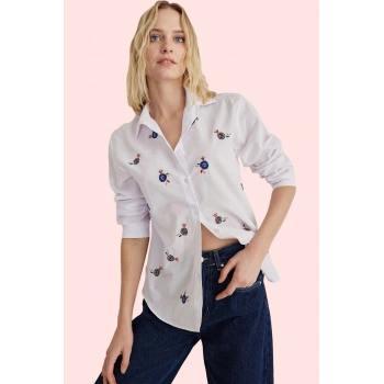 Kadın Nakışlı Uzun Kollu Gömlek Rahat Kalıp Günlük Kombinler Hafta Sonu Yaz Aylarının Vazgeçilmezi