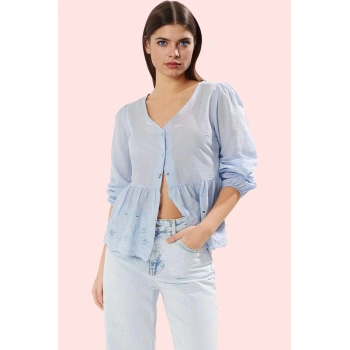 Kadın Nefes Alan Pamuklu Dokuma Gömlek V Yaka Günlük Kullanım Hafta Sonu Dayanıklı Malzeme