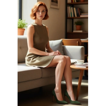 Kadın Nervür Detaylı Haki Rengi Düz Süet Dokuma Skater Kalıp Kolsuz Mini Elbise Kaliteli Şık