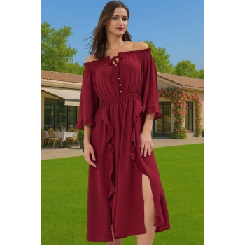 Kadın Omuzdan Düşük Maxi Plaj Elbise Crinkle Dokuma Viskoz Yazlık Rahat Ve Şık Seçkin Malzeme