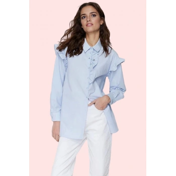 Kadın Omuzlarda İncili Relaxed Fit Uzun Kollu Poplin Gömlek Günlük Kullanım Modern Tasarım