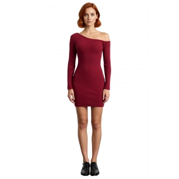 Kadın Omzu Açık Asimetrik Yaka Bodycon Uzun Kollu Mini Fitilli Örme Kışlık Elbise Modern Kaliteli