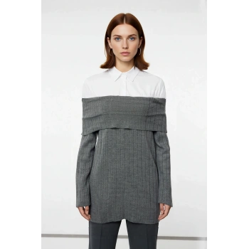 Kadın Omzu Açık Fitted Triko Kazak Dokuma Detaylı Uzun Reglan Kol Kışlık Günlük Şıklık İçin İdeal