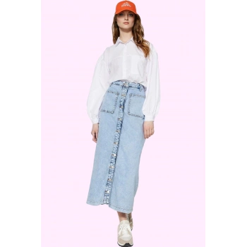 Kadın Önden Düğmeli Denim Maxi Etek Pamuk Casual Günlük Stil Hafta Sonu Yaz Aylarının Vazgeçilmezi