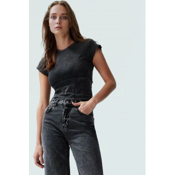 Kadın Örme Bisiklet Yaka Crop Bluz Rahat Günlük Yazlık Tasarım Kullanım Dayanıklı Malzeme