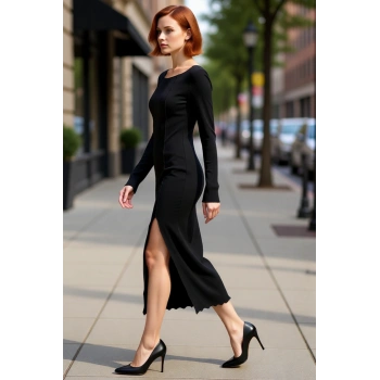 Kadın Örme Bodycon Elbise Midi Boy Kayık Yaka Uzun Kollu Yırtmaç Detaylı Günlük Şık Kombinler İçin