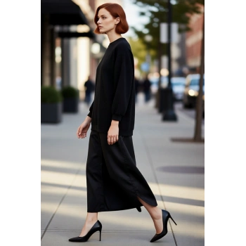 Kadın Örme Dokuma Detaylı Maxi Boy T shirt Elbise Regular Kalıp Bisiklet Yaka Düşük Kol Rahat Şık