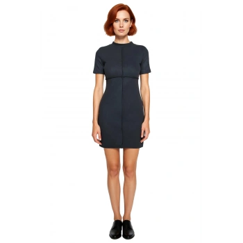 Kadın Örme Elbise Mini Boy Nervürlü Dik Yaka Selanik Dokulu Kısa Kollu Shift Kalıp Şık Kombinler