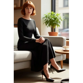 Kadın Örme Kumaş Maxi Elbise Standart Kol Kayık Yaka Drape Detaylı Gündüz Gece Kullanıma Uygun