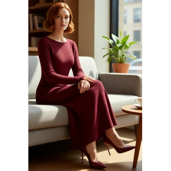 Kadın Örme Maxi Elbise Bodycon Kalıp Uzun Kollu Kayık Yaka Sırt Dekolteli Günlük Şık Giyim