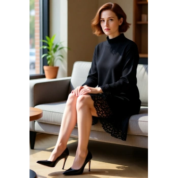 Kadın Örme Shift Elbise Dik Yaka Uzun Kollu Mini Boy Dantel Detaylı Selanik Dokuma Kış Modası