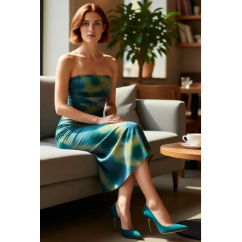 Kadın Örme Tül Kumaş Bodycon Midi Abiye Elbise Straplez Yaka Kolsuz Büzgü Detaylı Özel Davet