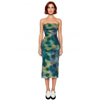 Kadın Örme Tül Kumaş Bodycon Midi Abiye Elbise Straplez Yaka Kolsuz Büzgü Detaylı Özel Davet