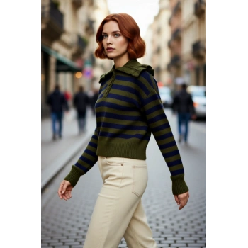 Kadın Orta Kalınlıkta Devrik Yaka Çizgili Düşük Kollu Triko Kışlık Crop Kazak Günlük Şıklık