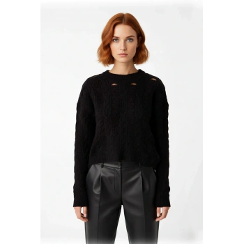 Kadın Oversize Ajurlu Delikli Bisiklet Yaka Düşük Kol Crop Triko Kazak Gündelik Şıklığınızı Tamamlar